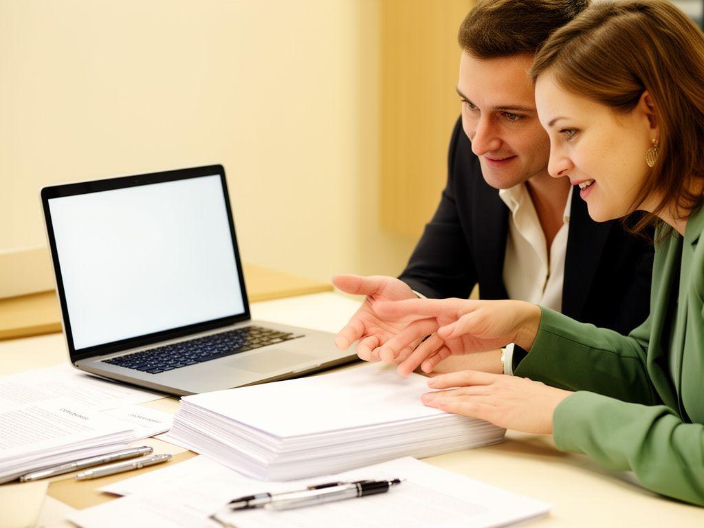 Solicitor and client discussing a contract draft beside a laptop and printed notes in a professional office